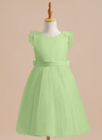 Vestido de niña de las flores de corte A, de satén y tul, hasta la rodilla 