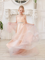Vestido color champán de corte A con cola de tul satinado (010226776) 
