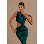 Vestido de noche formal largo de sirena de satén fruncido con un hombro sexy