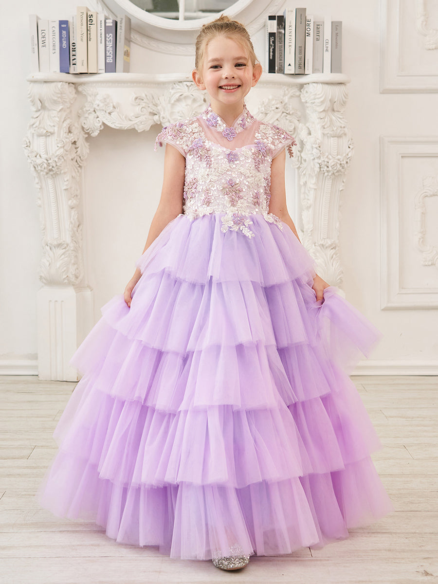 Vestido de princesa de tul lila con apliques florales y pedrería para niñas 