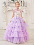Vestido de princesa de tul lila con apliques florales y pedrería para niñas 
