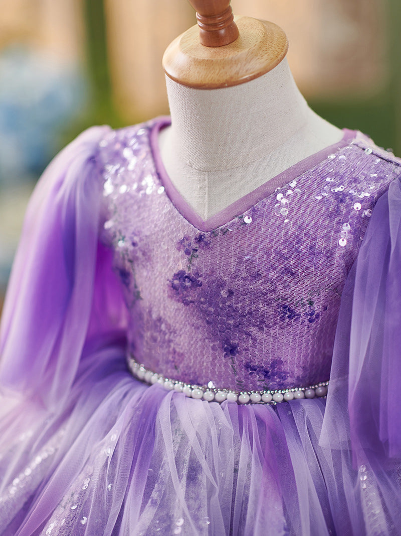 Vestido de tul con lentejuelas moradas hasta la rodilla para bebé niña 