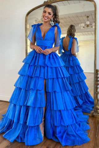 Princess A Line Deep V Neck Long Prom Dress with Ruffles