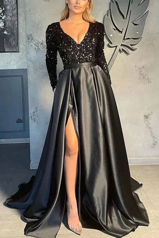 Magnifique robe de bal en satin à sequins, manches longues et col en V 