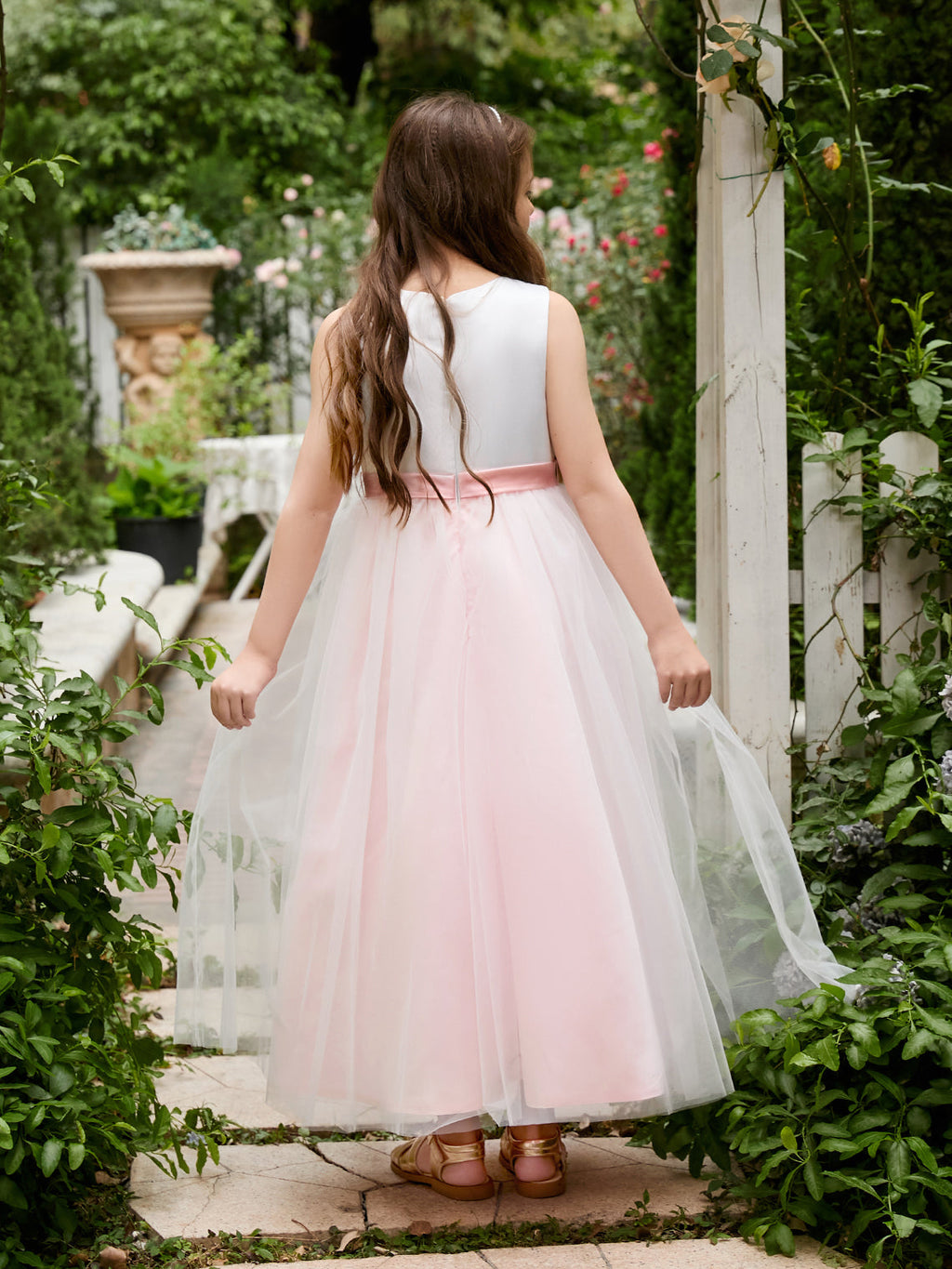 Vestido de niña de las flores de corte A con flores 3D, tul satinado y largo hasta el tobillo 