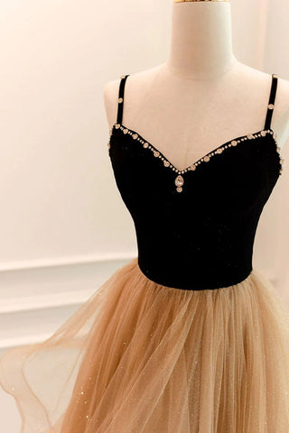 A Line Spaghetti Straps Champagne Long Prom Dress with Beading