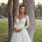Robes de mariée Pastrol pour femme, manches longues, dos illusion, décolleté rond, appliques, coupe trapèze, tulle, vestidos de novia 