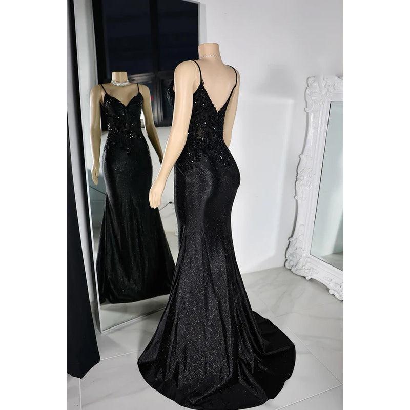 Vestido de fiesta de noche con lentejuelas y escote en V, estilo sirena, glamuroso y dramático, con tirantes finos
