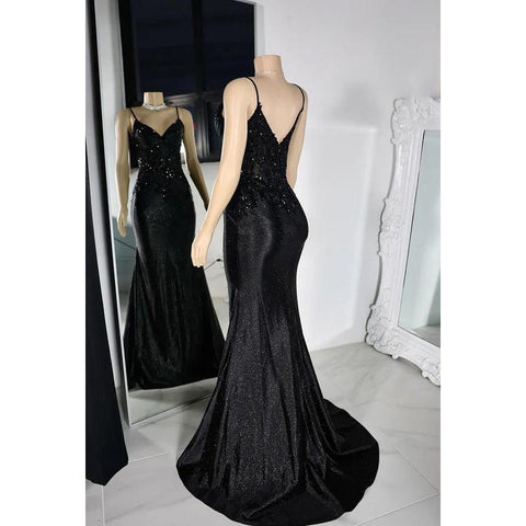 Glamorous & Dramatic Spaghetti Straps V neck Mermaid Sequins Evening Party Prom Dress