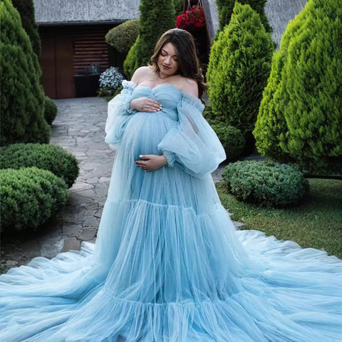 Robe en gaze, grande taille, style photo, avec surpiqûres duveteuses, robe de soirée de maternité, robe à manches longues 6138#