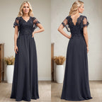 Vestido de novia de corte A, escote en V, largo hasta el suelo, de gasa de encaje con lentejuelas para la madre de la novia 
