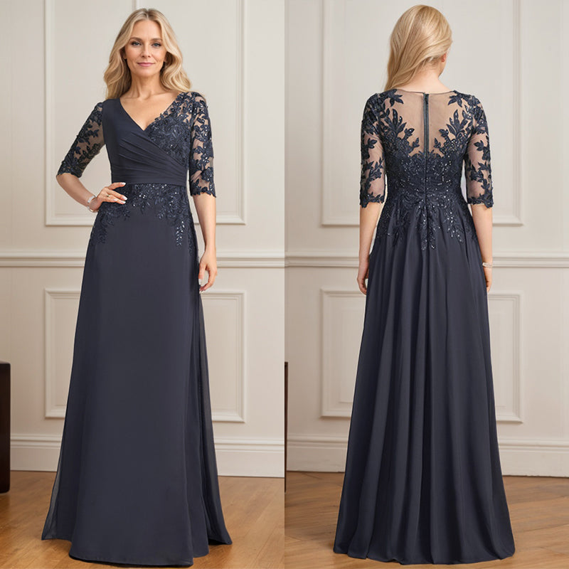 Robe de mère de la mariée en mousseline de dentelle, coupe trapèze, col en V, longueur au sol, ornée de sequins plissés 