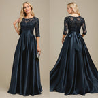 Robe de mariée longue en satin stretch dentelle et dentelle, coupe trapèze, décolleté illusion, ornée d'un nœud à sequins 
