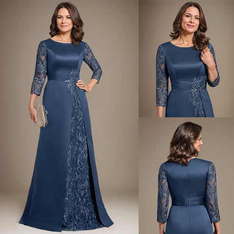 Robe de mère de la mariée en satin de dentelle, coupe trapèze, longue jusqu'au sol, ornée d'appliqués, avec décolleté plongeant et bretelles.