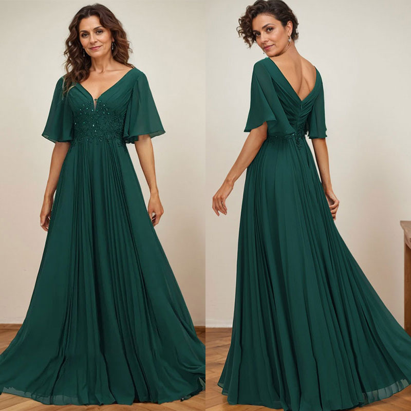 Vestido de corte A, escote en V, largo hasta el suelo, de gasa, para la madre de la novia, con apliques de lentejuelas y encaje plisado. 