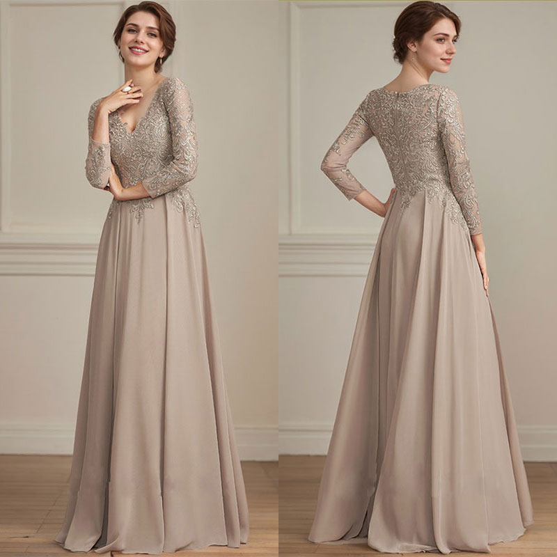 Robe de mère de la mariée en mousseline de dentelle, coupe trapèze, col en V, longueur au sol, ornée de sequins 