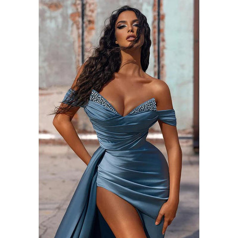 Sheath/Column Off-Shoulder Satin Pleats Sequins Sleeveless Evening Dress