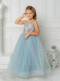 Robe de bal bleue sans manches, adorable robe de demoiselle d'honneur ornée de perles.