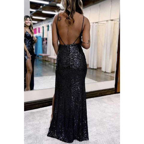 Robe de soirée à bretelles spaghetti et col en V, entièrement pailletée, avec fente latérale 