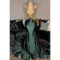 Vestido de fiesta de corte trompeta/sirena con escote en V, apliques de satén y espalda descubierta, sin mangas