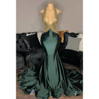 Vestido de fiesta de corte trompeta/sirena con escote en V, apliques de satén y espalda descubierta, sin mangas