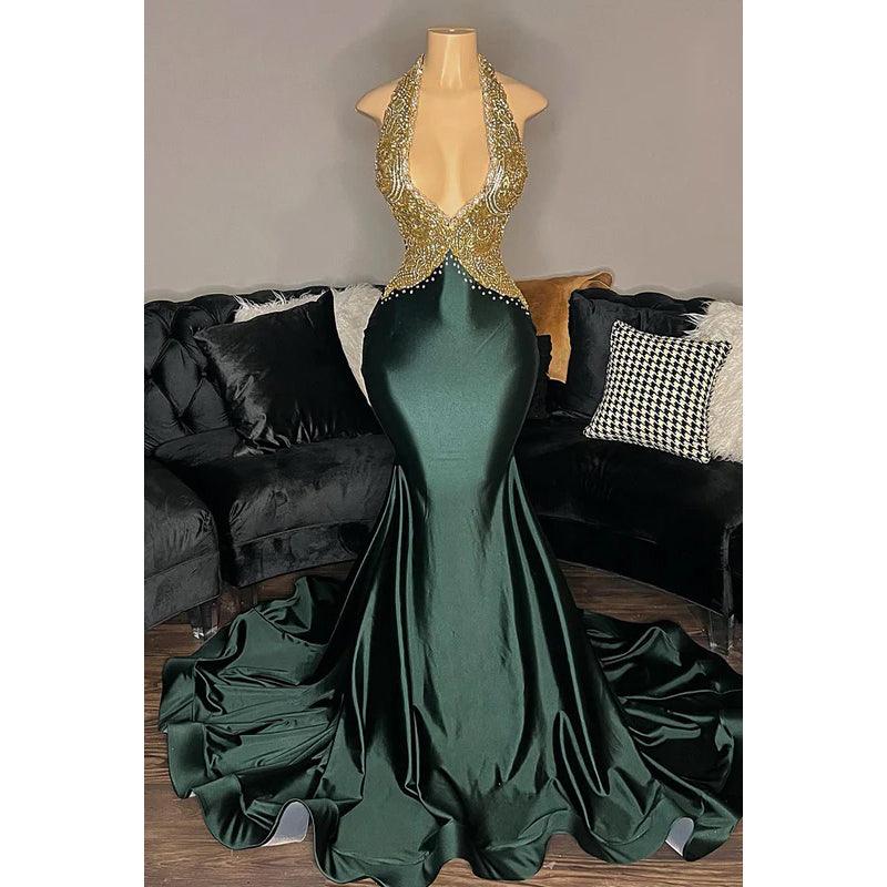 Vestido de fiesta de corte trompeta/sirena con escote en V, apliques de satén y espalda descubierta, sin mangas