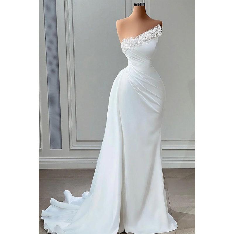 Vestido de fiesta de noche, de novia, con pliegues y cuentas, sin tirantes