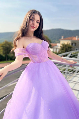 Princess A Line Off the Shoulder Purple Long Prom Dress with Criss Cross Back