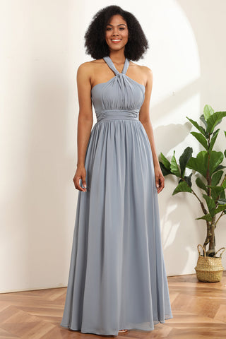 Vestido de dama de honor largo convertible de gasa gris azulado