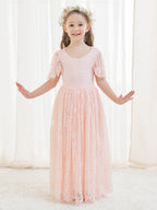 Vestido boho de niña de las flores color marfil, corte en A, de encaje y largo hasta el tobillo 