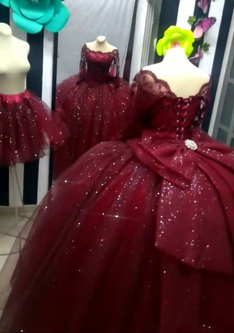 Vestidos de baile color burdeos con hombros descubiertos, vestidos de quinceañera Y6953