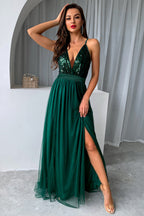 Vestido de fiesta con lentejuelas y escote en V