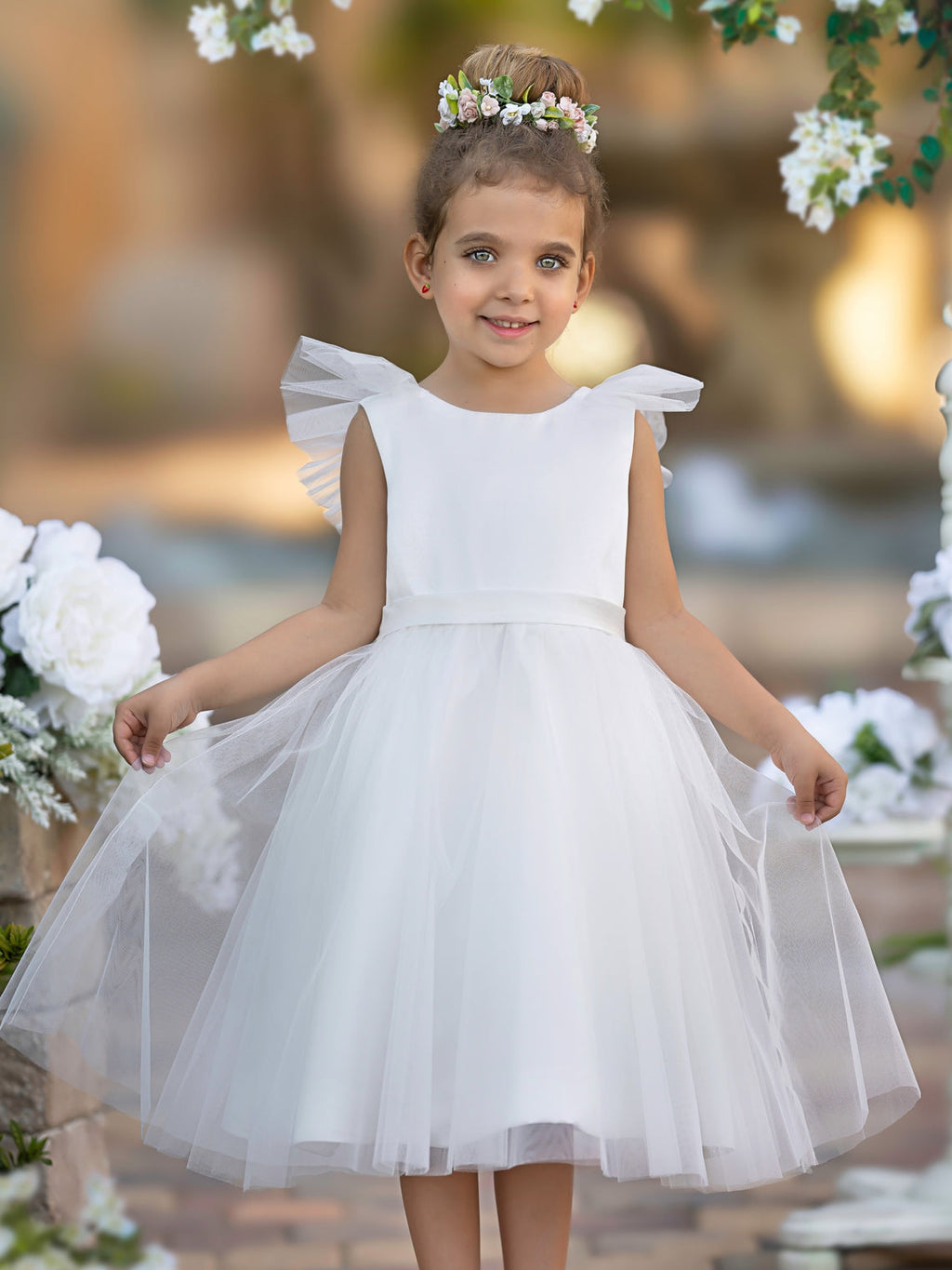 Vestido de niña de las flores de corte A, de satén y tul, hasta la rodilla 