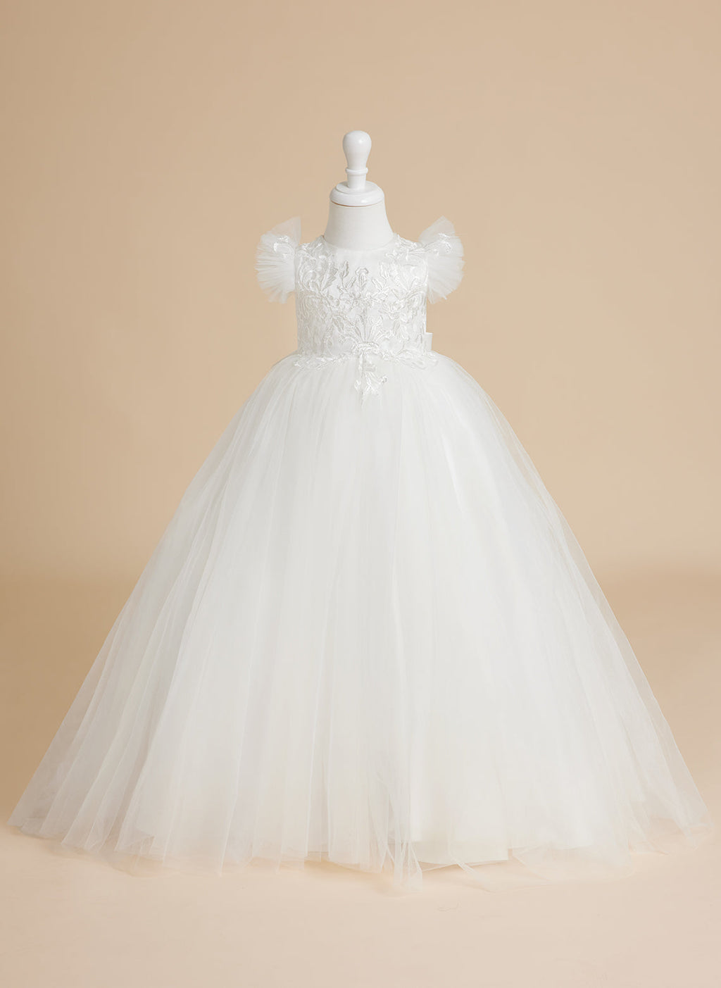 Vestido de princesa color marfil con apliques de encaje y cola de tul para niñas 