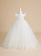 Vestido de princesa color marfil con apliques de encaje y cola de tul para niñas 