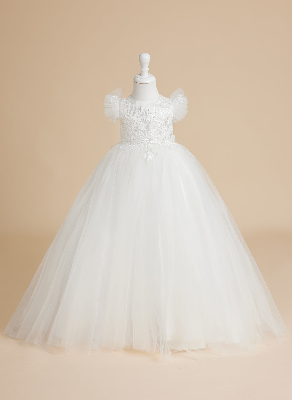 Vestido de princesa color marfil con apliques de encaje y cola de tul para niñas 