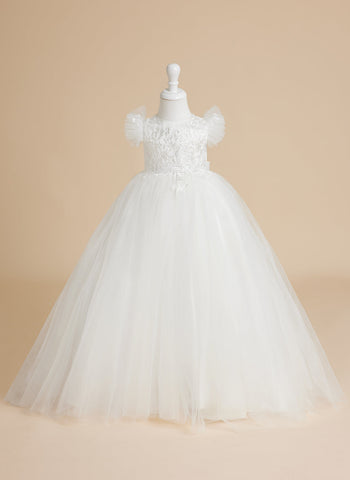 Robe de bal princesse ivoire avec applications de dentelle et traîne en tulle pour filles 