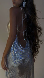 Robe de soirée brillante à paillettes argentées, robe d'anniversaire sexy dos nu, robe de bal de fin d'année Y130