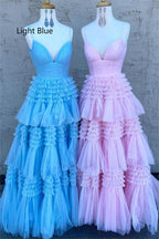 Pretty A Line Spaghetti Straps Long Tulle Prom Dress With Split