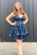 Vestido de fiesta de princesa, corte línea A, tirantes finos, corsé azul marino con volantes