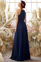 Vestido de dama de honor azul marino de gasa con cuello halter