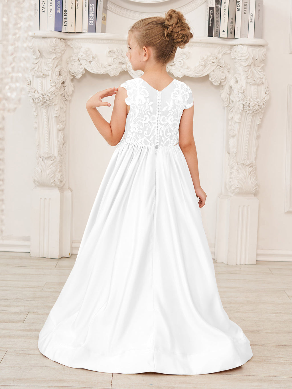 Vestido de niña de las flores de corte A, de satén y encaje, hasta el suelo 