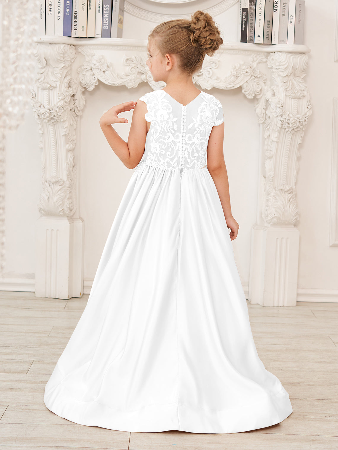 Vestido de niña de las flores de corte A, de satén y encaje, hasta el suelo 