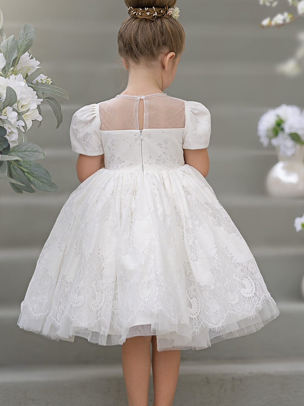 Vestido de niña de las flores de la Primera Comunión de encaje hasta la rodilla 