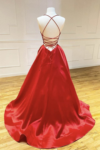 Robe de bal longue en satin rouge, dos nu, robe de soirée simple et élégante sur mesure Y764