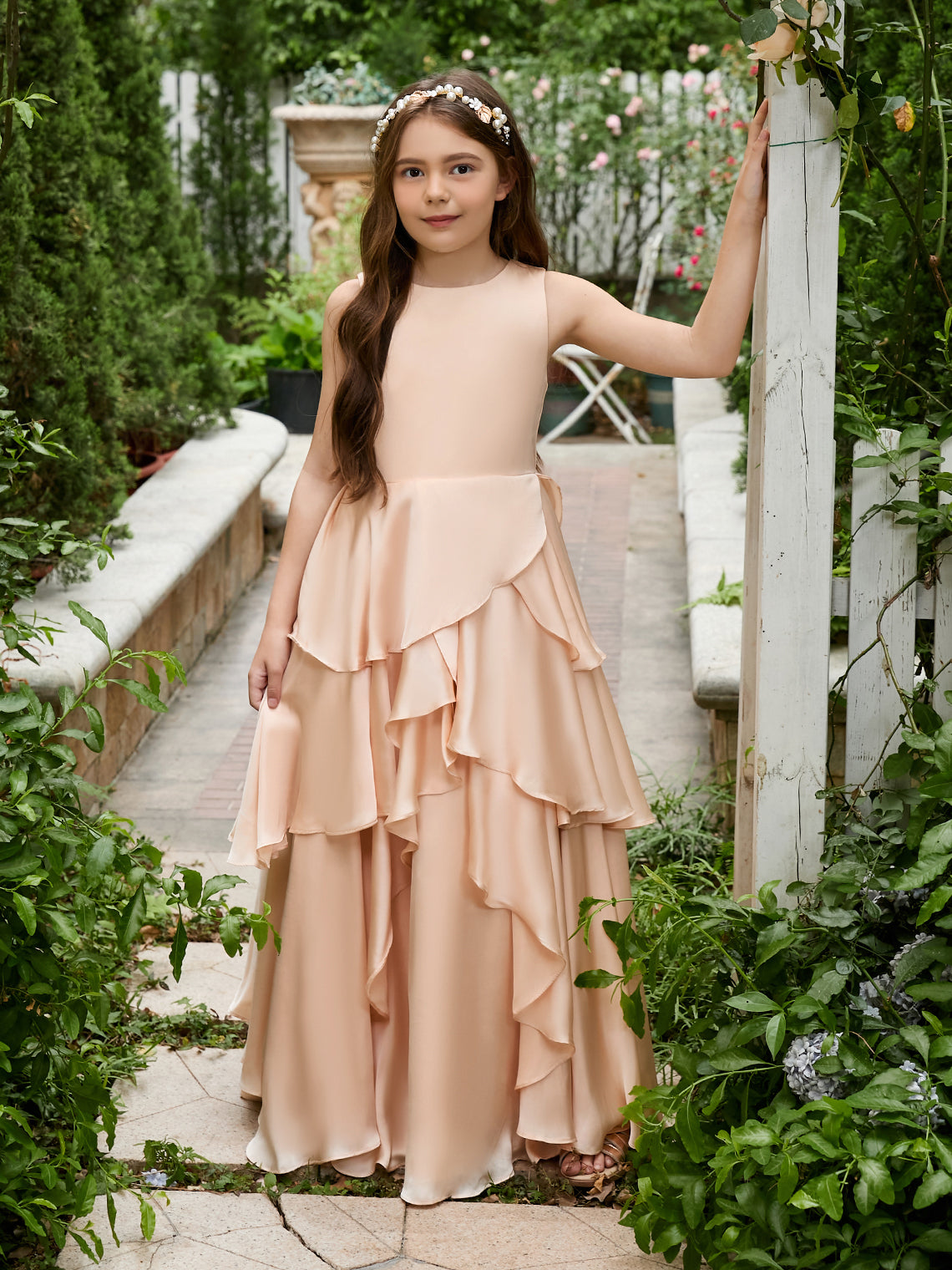 Vestido de niña de las flores de corte A, de gasa color melocotón claro hasta el suelo 