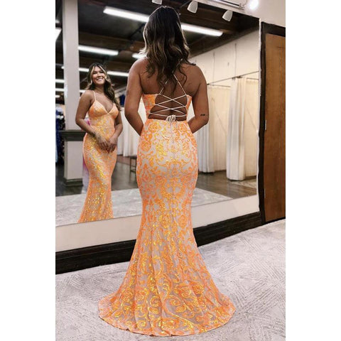 Robe de bal sirène à bretelles spaghetti croisées et col en V