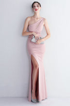 One Shoulder Black Long Prom Dress with Split Front