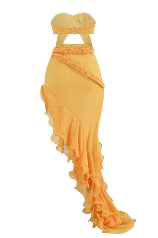 Robe de soirée maxi asymétrique à volants superposés, tresses et découpes - Jaune 