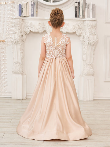 Vestido de niña de las flores de corte A, de satén y encaje, hasta el suelo 